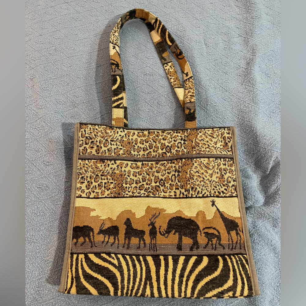 Vintage JADE African Safari Animal Print Tapestry Shoulder/Tote Bag & Coin Pouch